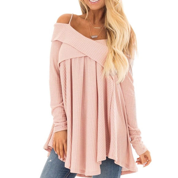 Tops - NEW💥Soft Pink Waffle Off Shoulder Tunic, S-XL